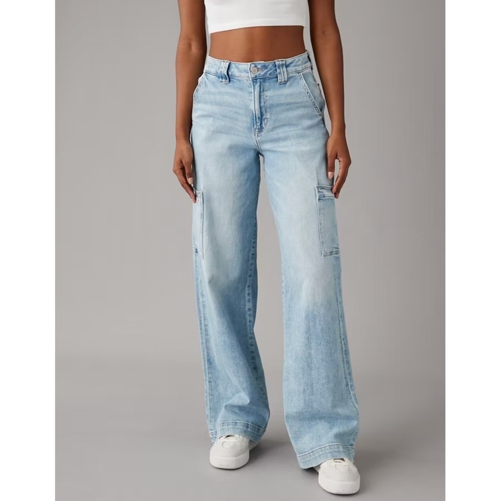 American Eagle Dreamy Drape Super High Rise Baggy Wide Leg Cargo Jeans 10 X-Long